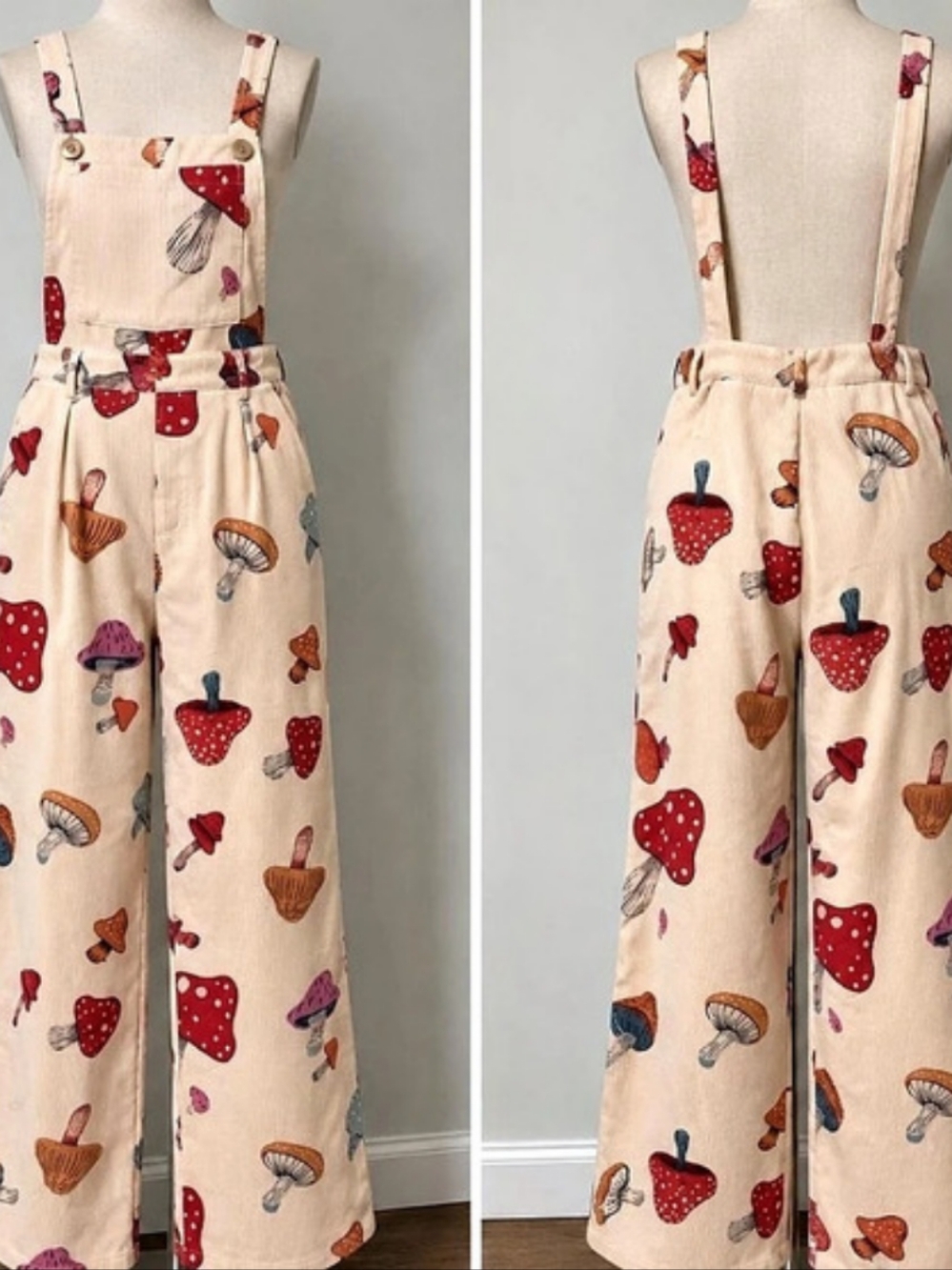 Cider Corduroy Square Neck Mushroom Pattern Jumpsuit Small